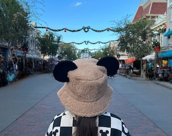 Light Brown Sherpa Bucket Hat with SEWN IN Mouse ears for the cozy holidays at disney