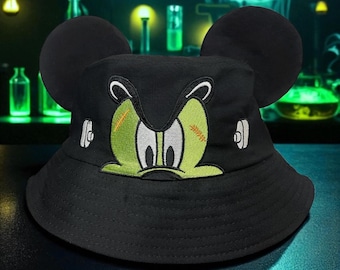 Embroidered Frankenstein Mickey Bucket Hat: Spooky Halloween Ears, One Size