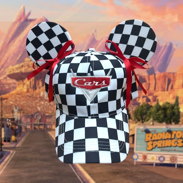 Adult Embroidered Cars-Inspired Checkered Mouse Ear Hat – Handmade Disney Cap with Removeable Red Bows
