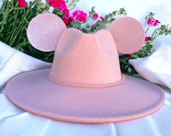 Disney Inspired Fedora Hat Mickey Ears Adult Pink Wide Brim Pinched Crown