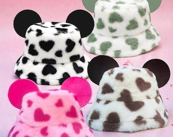 Rainbow Leopard Faux Fur Bucket Hat With Ears Fuzzy Plush 