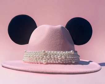 Pink Panama fedora Hat with SEWN ON Mouse Ears and pearls band