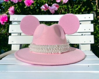 Pink Panama Fedora with Mouse Ears – Disney Inspired Pearl Hat