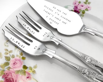 Personalised wedding cake forks. Hand stamped silver plated vintage upcycled. Custom cutlery gift ideas. Mr & Mrs anniversary, birthdays