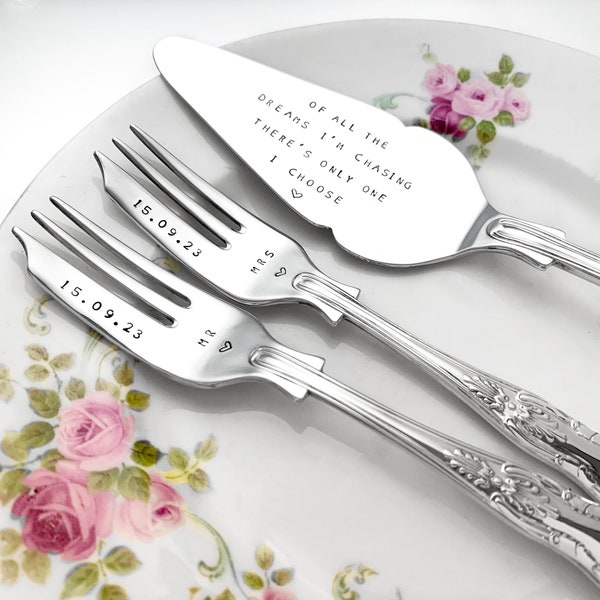 Personalised wedding cake forks. Hand stamped silver plated vintage upcycled. Custom cutlery gift ideas. Mr & Mrs anniversary, birthdays