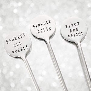 Christmas and New Years party personalised cocktail stirrers, metal drink stirrers. Hand stamped swizzlestick. Individual reusable favours