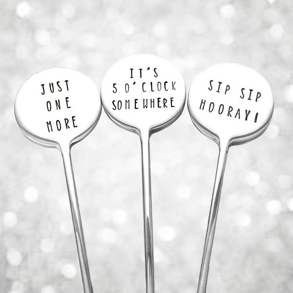 Personalised cocktail stirrer, metal drink stirrer. Handstamped swizzlestick. Party and wedding favours for guests, events, birthday, mum
