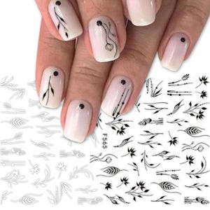 Nail Black&White Art Stickers | Spring Summer Decals | Abstract Flowers Leaf Petals | Manicure Art Decor
