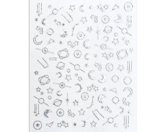 Adesivi per unghie olografici argento a forma di stella e luna, design galassia