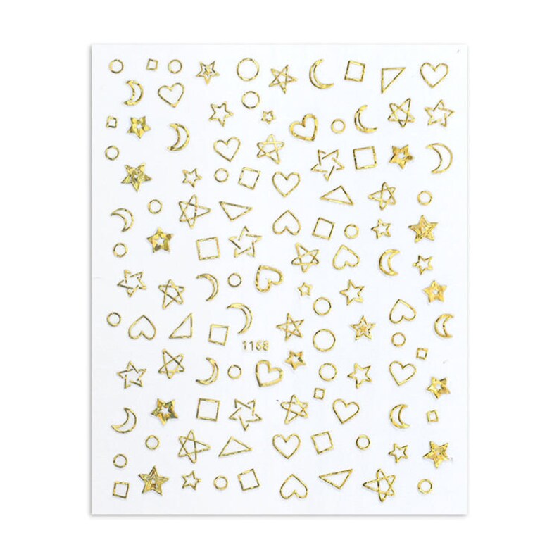 以下が含まれることがあります： 星、ハート、月、円、正方形など、さまざまな形をした金のネイルステッカーのシートです。