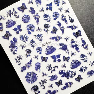 Nail Stickers Blue Butterfly Folk Floral Design Craft DIY Decals Manicure Art Tools