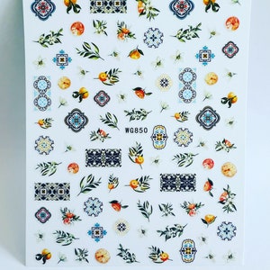 Green blue folk floral pattern nail design stickers decals spring/summer manicure art tools