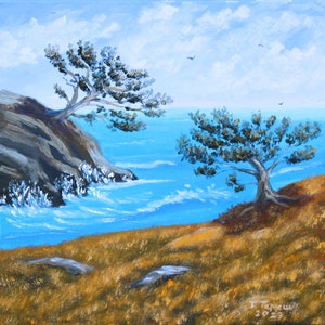 Kalifornien Baum Original Kunst Meer Landschaft Kunstwerk Ozean Wand Kunst Öl auf Holz 16 &quot;von 16&quot; von TetianaTereshArt