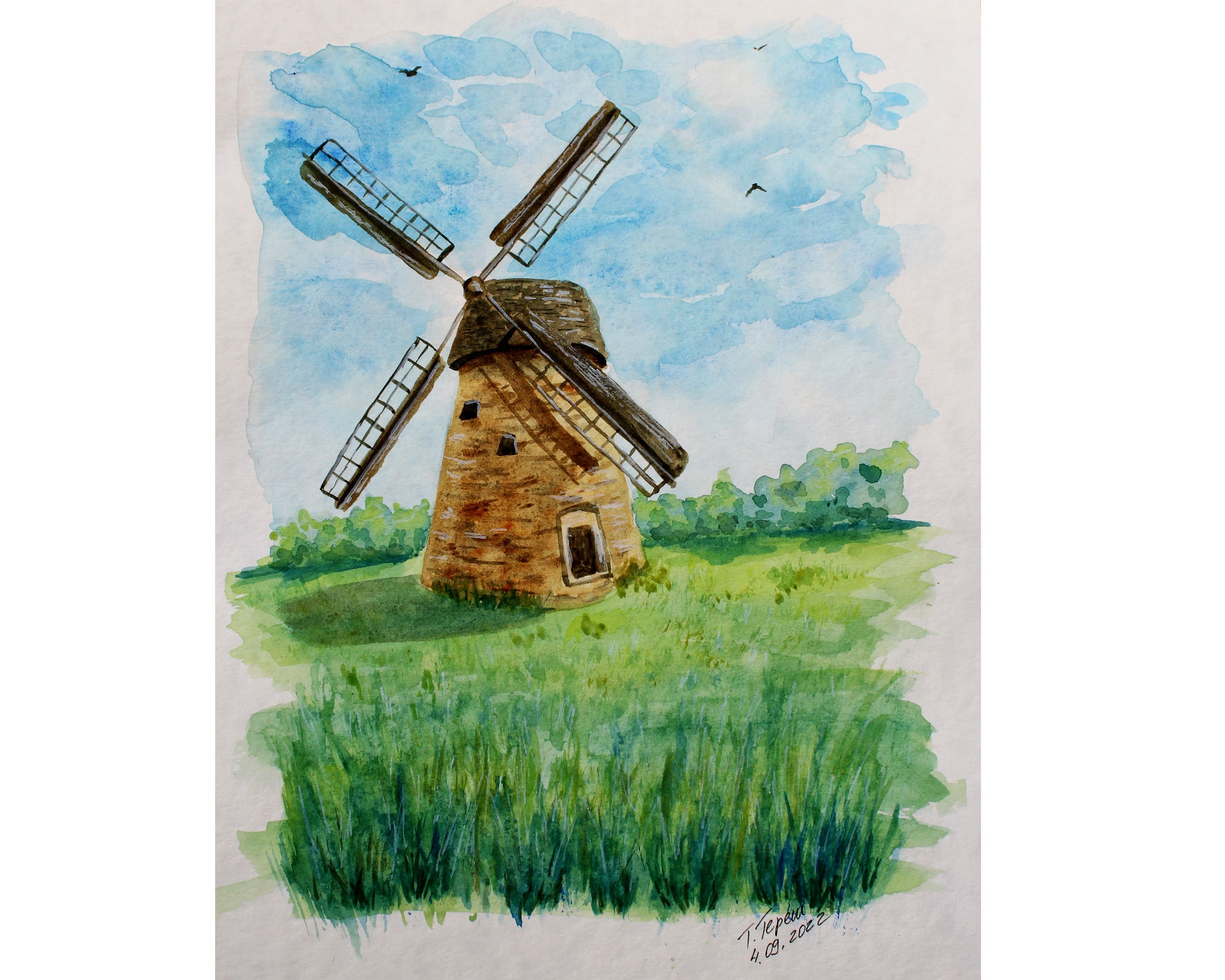 Windmill Painting Landscape Original Watercolor Art Netherlands
