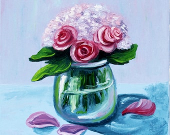 花瓶に入ったバラの花束の油絵：静物画の花のアートワーク - Etsy 日本
