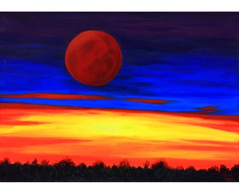 Peinture lune, oeuvre d'art originale ciel nocturne, art mural pleine lune, peinture de paysage sur toile 20 x 28 po. par TetianaTereshArt