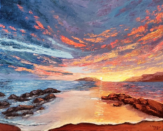 Laguna Beach Painting Sunset Original Art Ocean Artwork Seascape Wall Art Wave Oil on Canvas 16" by 20" by TetianaTereshArt