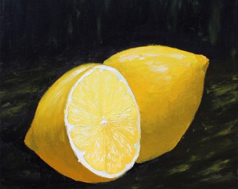 Lemon Painting Fruit Original Art Kitchen Artwork Still Life Wall Art Oil on Canvas 16" by 16" by TetianaTereshArt