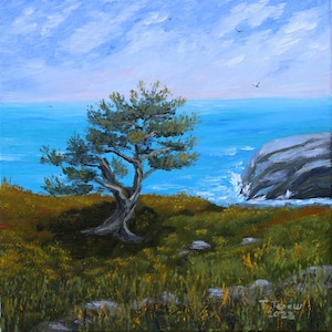 Pintura californiana, árbol, arte original, paisaje marino, arte mural oceánico, óleo sobre tabla, 40 x 40 cm, de TetianaTereshArt