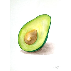 Avocado Painting Food Original Watercolor Art Kitchen Artwork Still Life Wall Art Vegetable Illustration 12&quot; by 8&quot; by TetianaTereshArt