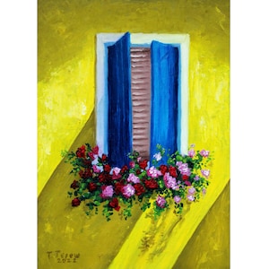Pintura de casa italiana original, arte en empasto, obra de arte floral, ventana, arte mural, arquitectura, óleo sobre cartón, 30 x 23 cm, de TetianaTereshArt