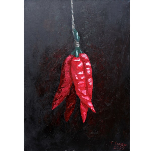 Peinture au poivre, art original, art végétal, art mural de cuisine, art du poivron rouge, huile sur toile végétalienne, 20 x 28 po. par TetianaTereshArt