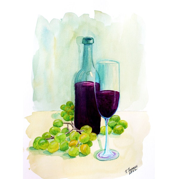 Wine Painting Grape Original Watercolor Art Still Life Artwork Drink Wall Art 12" by 8" by TetianaTereshArt