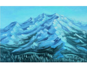 オリジナルアルプス山の風景油絵 夏の花畑の厚塗り絵画 6 x 6インチ