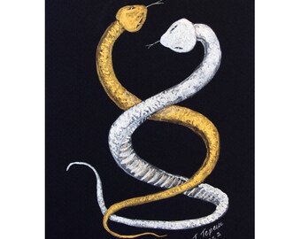 Snake Painting Reptiles Original Watercolor Art Animal Artwork Metallic Illustration Black Watercolor Painting 8"x12" by TetianaTereshArt