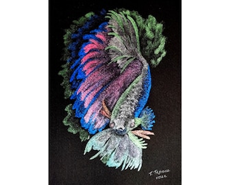 Bettafiskmålning Djur Original Akvarellkonst Fiskkonstverk Metallisk Illustration Svart Akvarellmålning 30x20 cm av TetianaTereshArt