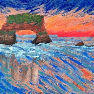 Dipinto California Natural Bridges Arte originale Paesaggio marino Opera d'arte Tramonto Arte murale Oceano Acrilico su cartone 12" x 16" di TetianaTereshArt