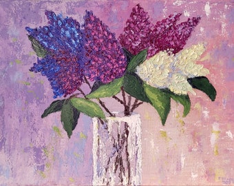Lilac Painting Flower Original Art Still Life Artwork Floral Wall Art Flowers Impasto Oil on Canvas 12" by 16" by TetianaTereshArt