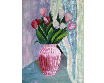 Tulip Painting Flower Original Art Still Life Artwork Floral Wall Art Flowers Oil on Canvas 16" by 12" by TetianaTereshArt