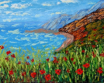 Pintura californiana de Big Sur, arte original de amapola, paisaje marino, arte mural, pintura al óleo empastada sobre tabla, 20 x 30 cm, de TetianaTereshArt