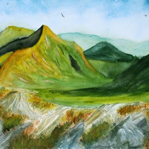 May include: Watercolor painting of a green and yellow mountain range with a blue sky and a few birds flying overhead.