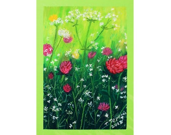 Pintura de trébol, flor, arte original, hierba, paisaje, arte mural, ilustración de campo, dibujo campestre, 35 x 25 cm, de TetianaTereshArt