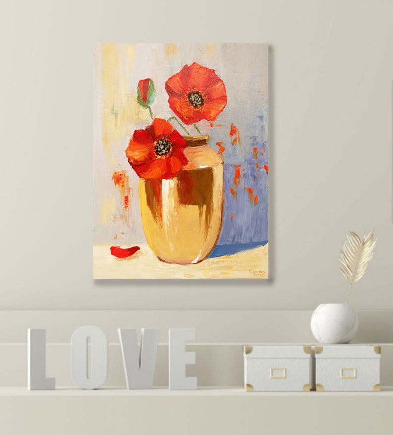 Poppy Painting Flower Original Art Still Life Artwork Floral Wall Art Field Flowers Oil on Canvas 16 by 12 by TetianaTereshArt image 3