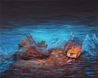 Underwater Painting Ship Original Art Treasure Artwork Sea Bottom Wall Art Ship Sofa Art Acrylic on Canvas 16" by 20" by TetianaTereshArt