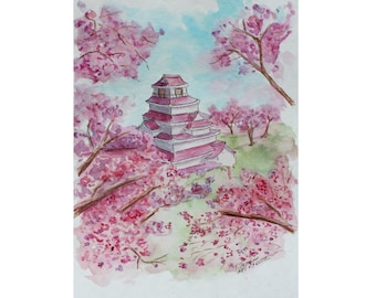 Cherry Blossom Painting Japanese Original Watercolor Art Tree Artwork Flower Wall Art Landscape Illustration 12" by 9" by TetianaTereshArt
