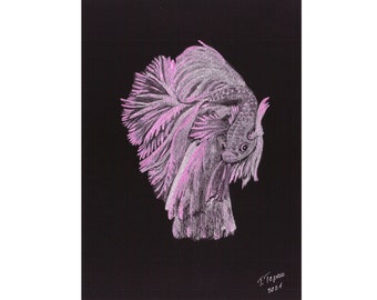 Pintura de pez, animal, arte original en acuarela, obra del zodiaco, ilustración metálica, retrato de mascota, acuarela negra, 30 x 20 cm, por TetianaTereshArt