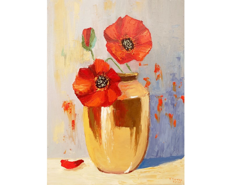 Poppy Painting Flower Original Art Still Life Artwork Floral Wall Art Field Flowers Oil on Canvas 16 by 12 by TetianaTereshArt image 1