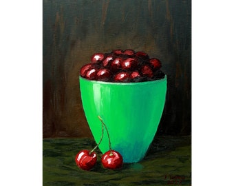 Cherry Painting Still Life Original Art Kitchen Artwork Berry Wall Art Food Oil on Canvas 20" by 16" by TetianaTereshArt