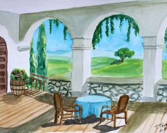 Toskana Malerei Landschaft Original Aquarell Kunst Schloss Kunstwerk Baum Wand Kunst Architektur Illustration 8 "von 12" by TetianaTereshArt