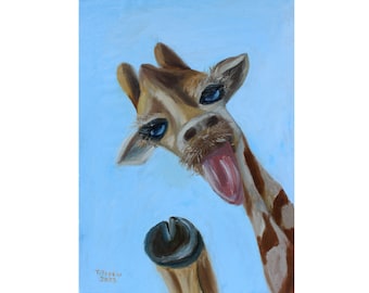 Giraffe Oil Painting Animal Original Art Wildlife Artwork Tropical Animal Wall Art Wild Animal Oil on Cardbord 16.5"x12" by TetianaTereshArt