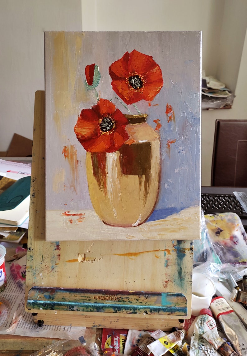 Poppy Painting Flower Original Art Still Life Artwork Floral Wall Art Field Flowers Oil on Canvas 16 by 12 by TetianaTereshArt image 5