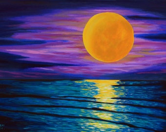 Moon Painting Seascape Original Art Sky Artwork Full Moonlight Wall Art  Night Art Acrylic on Canvas 20" by 28" by TetianaTereshArt