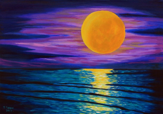 Moon Painting Seascape Original Art Sky Artwork Full Moonlight Wall Art  Night Art Acrylic on Canvas 20" by 28" by TetianaTereshArt
