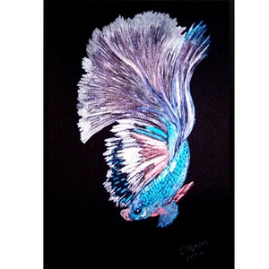 Fish Painting Animal Original Watercolor Art Betta Fish Artwork Metallic Illustration Black Watercolor Painting 12"x8" by TetianaTereshArt