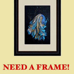 May include: Framed artwork featuring a blue and gold betta fish against a black background with gold flecks. The artwork is in a black frame with a cream-colored mat. The text "NEED A FRAME!" is displayed below the frame.