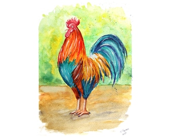 Rooster Painting Original Watercolor Art Bird Artwork Animal Wall Art Farm Animal  Painting 12" by 8" by TetianaTereshArt